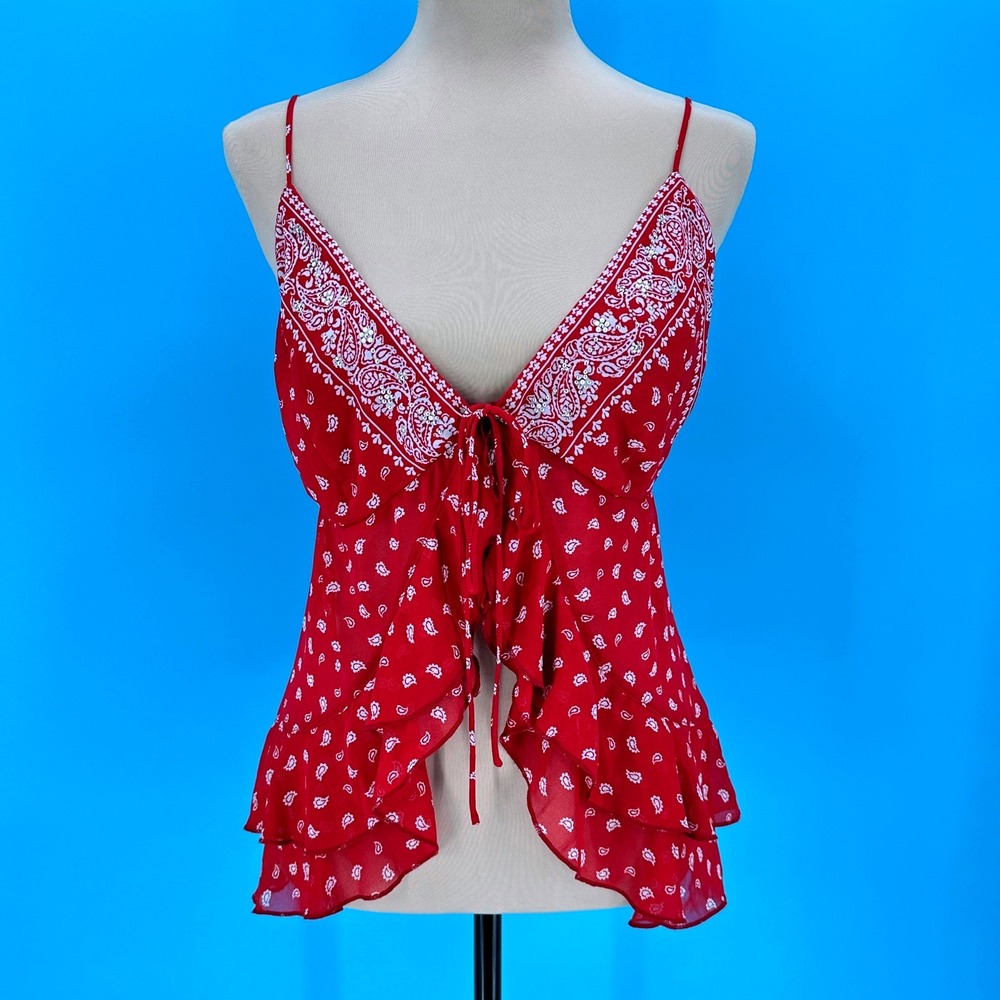 Wild Fable Red Paisley Bandana Print Cami Top Studded Ruffle Peplum Womens L